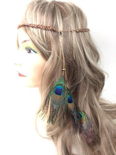 Diadema Trenzada Marrón con Plumas de Pavo Real | Estilo Ibiza Boho (1 ud)